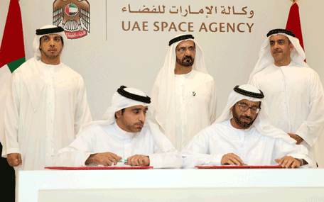 His Highness Sheikh Mohammed bin Rashid Al Maktoum attends the signing ceremony of an agreement between the UAE Space Agency and the Emirates Institution for Advanced Science and Technology, EIAST (Wam)