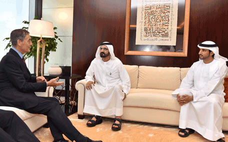 His Highness Sheikh Mohammed bin Rashid Al Maktoum, Vice-President and Prime Minister of the UAE and Ruler of Dubai, with Britain's Duke of Westminster in Dubai on Tuesday. (Wam)