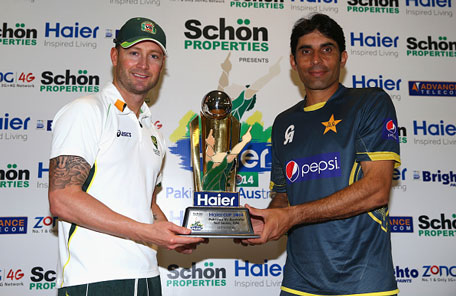 Michael Clarke (left) of Australia and Misbah-ul Haq of Pakistan pose with the series trophy at Dubai Cricket Stadium on October 21, 2014 in Dubai, UAE. (GETTY)