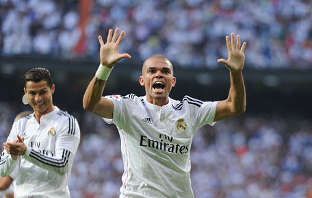 Pepe of Real Madrid CF celebrates after scoring his team's second goal during the La Liga match between Real Madrid CF and FC Barcelona at Estadio Santiago Bernabeu on October 25, 2014 in Madrid, Spain. (GETTY)