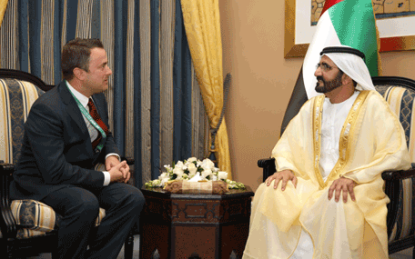 His Highness Sheikh Mohammed bin Rashid Al Maktoum, Vice-President and Prime Minister of the UAE and Ruler of Dubai, with Xavier Bettel, Prime Minister ofLuxembourg, in Dubai on Tuesday. (Wam)