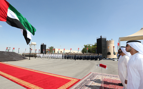 Sheikh Mohammed bin Rashid Al Maktoum hoisted the UAE flag at Zayed Military City in Abu Dhabi on Monday. (Wam)