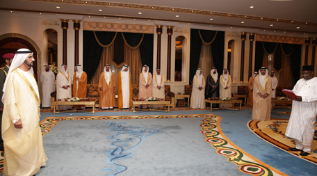 His Highness Sheikh Mohammed bin Rashid Al Maktoum receives credentials of Alpha Seray Timbo, ambassador of Sierra Leone. (Wam)