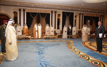 His Highness Sheikh Mohammed bin Rashid Al Maktoum receives credentials of Paulo Cesar Meira de Vasconcellos, ambassador of Brazil. (Wam)
