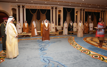 His Highness Sheikh Mohammed bin Rashid Al Maktoum receives credentials of Ephraim Mandla Hlophe, ambassador of Swaziland. (Wam)