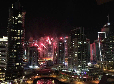 Fireworks across Dubai as the Tram launches. (Bindu Rai)