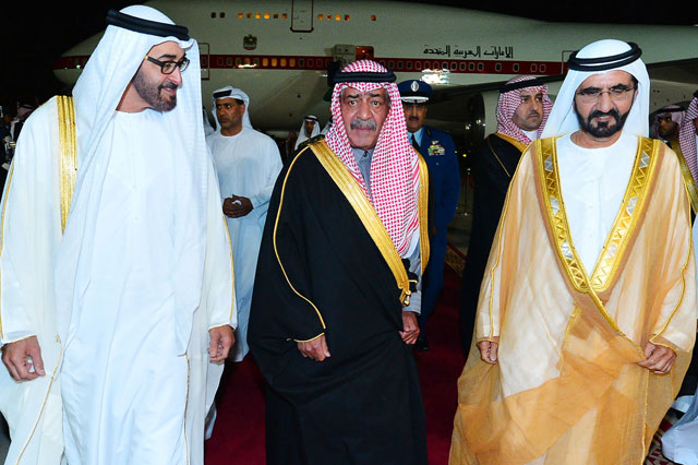 Sheikh Mohammed bin Rashid and General Sheikh Mohamed bin Zayed with Prince Muqrin bin Abdulaziz at Riyadh Airbase on Sunday. (Wam)
