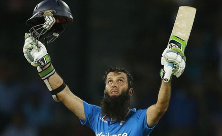 England's Moeen Ali celebrates his century during their first ODI against Sri Lanka in Colombo November 26, 2014. (Reuters)