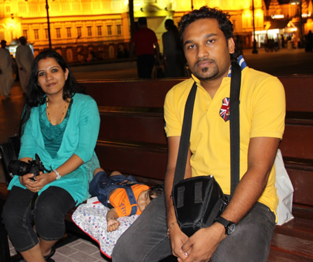 Binoy, Praseetha and Dakshit Bahulayan at Global Village. (Abdullah Al Mehairi)