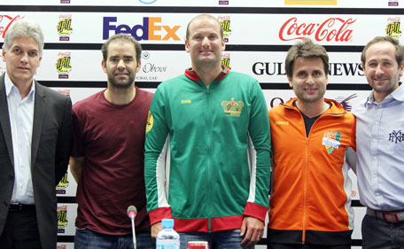 IPTL COO Eric Gottschalk (left), Pete Sampras, UAE Royals coach J de Jager, Micromax Indian Aces coach Fabrice Santoro and IPTL CEO Morgan Menahem at a press conference on Wednesday. (Supplied)