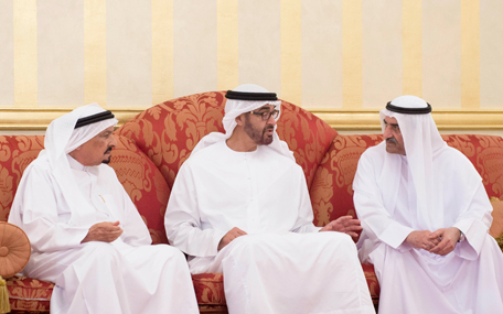 General Sheikh Mohamed bin Zayed Al Nahyan on Wednesday offers his condolences to His Highnesses Sheikh Hamad bin Mohammed Al Sharqi, Supreme Council Member and Ruler of Fujairah, and His Highness Sheikh Humaid bin Rashid Al Nuaimi, Supreme Council Member and Ruler of Ajman, on death of Sheikha Fatima bint Rashid Al Nuaimi. (Wam)