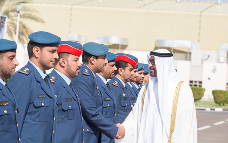 General Sheikh Mohamed bin Zayed Al Nahyan greets members of the UAE Armed Forces during a graduation ceremony at Khalifa bin Zayed Air College in Al Ain on Wednesday. (Wam)