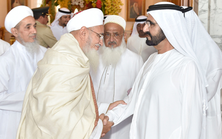 Sheikh Mohammed receives leader of the Bohra community Sheikh Mufaddal Saifuddin at Za'abeel Palace in Dubai on Monday. (Wam)