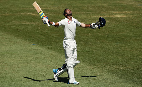 Lokesh Rahul of India celebrates and acknowledges the crowd after scoring a century during day three of the fourth Test between Australia and India at Sydney Cricket Ground on January 8, 2015 in Sydney, Australia. (Getty)