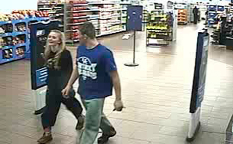 In this January 2015 photo made from surveillance video and released by the Grayson County Sheriff's Office, in Kentucky, 18-year-old Dalton Hayes and 13-year-old Cheyenne Phillips leave a South Carolina Wal-Mart. Authorities are looking for the teenage couple from central Kentucky who are suspected in a multistate crime spree. (AP)