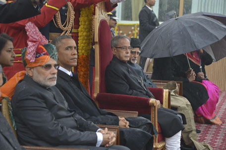India's Prime Minister Narendra Modi (L-R), U.S. President Barack Obama, India's President Pranab Mukherjee and Vice President Mohammad Hamid Ansari attend the Republic Day parade in New Delhi January 26, 2015. (Reuters)