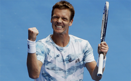 Tomas Berdych of the Czech Republic celebrates after defeating Rafael Nadal of Spain in their men's singles quarter-final match at the Australian Open 2015 tennis tournament in Melbourne January 27, 2015. (Reuters)