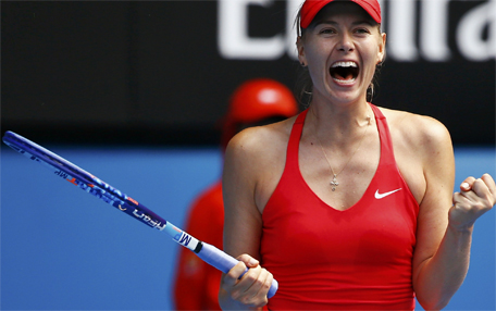 Maria Sharapova of Russia celebrates after defeating compatriot Ekaterina Makarova in their women's singles semi-final match at the Australian Open 2015 tennis tournament in Melbourne January 29, 2015.  (Reuters)