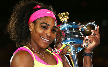 Serena Williams of the United States holds the Daphne Akhurst Memorial Cup after winning the women's final match against Maria Sharapova of Russia during day 13 of the 2015 Australian Open at Melbourne Park on January 31, 2015 in Melbourne, Australia. (Getty)