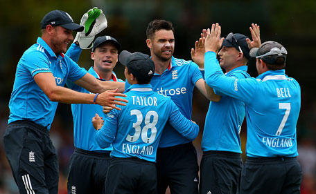 James Anderson of England celebrates with team mates after dismissing of David Warner of Australia during the final match of the Carlton Mid One Day International series between Australia and England at the WACA on February 1, 2015 in Perth, Australia. (Getty)
