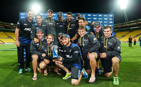 New Zealand players celebrate after winning the ANZ One Day International Series between New Zealand and Sri Lanka at Westpac Stadium on January 29, 2015 in Wellington, New Zealand. (Getty)
