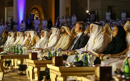 Sheikh Mohammed at the launch of UAE Official Foreign Aid Report for 2013 at Emirates Palace in Abu Dhabi on Monday. (Wam)