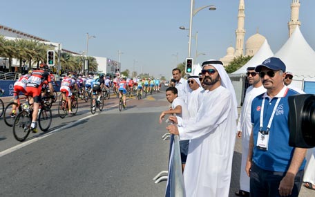 Sheikh Mohammed inspects the venue of the second edition of the Dubai Tour (Dubai Tour 2015) on Wednesday (Wam)