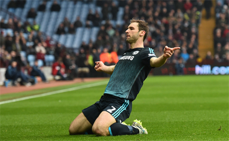 Chelsea's Serbian defender Branislav Ivanovic celebrates after scoring their second goal during the English Premier League football match between Aston Villa and Chelsea at Villa Park in Birmingham, England on February 7, 2015. (AFP)