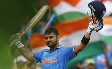 India's batsman Virat Kohli acknowledges the crowd upon scoring a century during their Cricket World Cup match against Pakistan in Adelaide, February 15, 2015.  (Reuters)