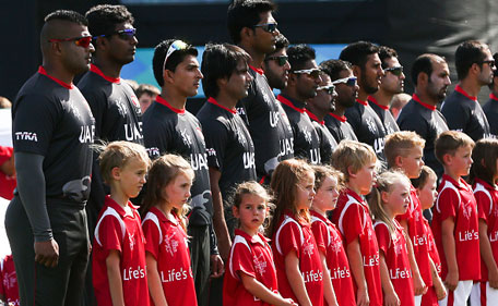 United Arab Emirates players line up for the national anthem during the 2015 ICC Cricket World Cup match between Zimbabwe and the United Arab Emirates at Saxton Field on February 19, 2015 in Nelson, New Zealand. (Getty)