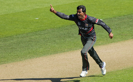 Amjad Javed of the United Arab Emirates celebrates after taking the wicket of Hamilton Masakadza of Zimbabwe during the 2015 ICC Cricket World Cup match between Zimbabwe and the United Arab Emirates at Saxton Field on February 19, 2015 in Nelson, New Zealand. (Getty Images)