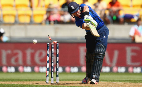 Ian Bell of England is bowled by Tim Southee of New Zealand during the 2015 ICC Cricket World Cup match between England and New Zealand at Wellington Regional Stadium on February 20, 2015 in Wellington, New Zealand. (Getty)