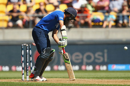 Moeen Ali of England is bowled by Tim Southee of New Zealand during the 2015 ICC Cricket World Cup match between England and New Zealand at Wellington Regional Stadium on February 20, 2015 in Wellington, New Zealand. (Getty)