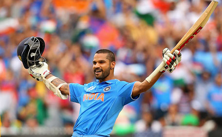 Shikhar Dhawan of India celebrates making a century during the 2015 ICC Cricket World Cup match between South Africa and India at Melbourne Cricket Ground on February 22, 2015 in Melbourne, Australia. (Getty Images)