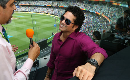 Sachin Tendulkar speaks to the media during the 2015 ICC Cricket World Cup match between South Africa and India at Melbourne Cricket Ground on February 22, 2015 in Melbourne, Australia. (Getty Images)