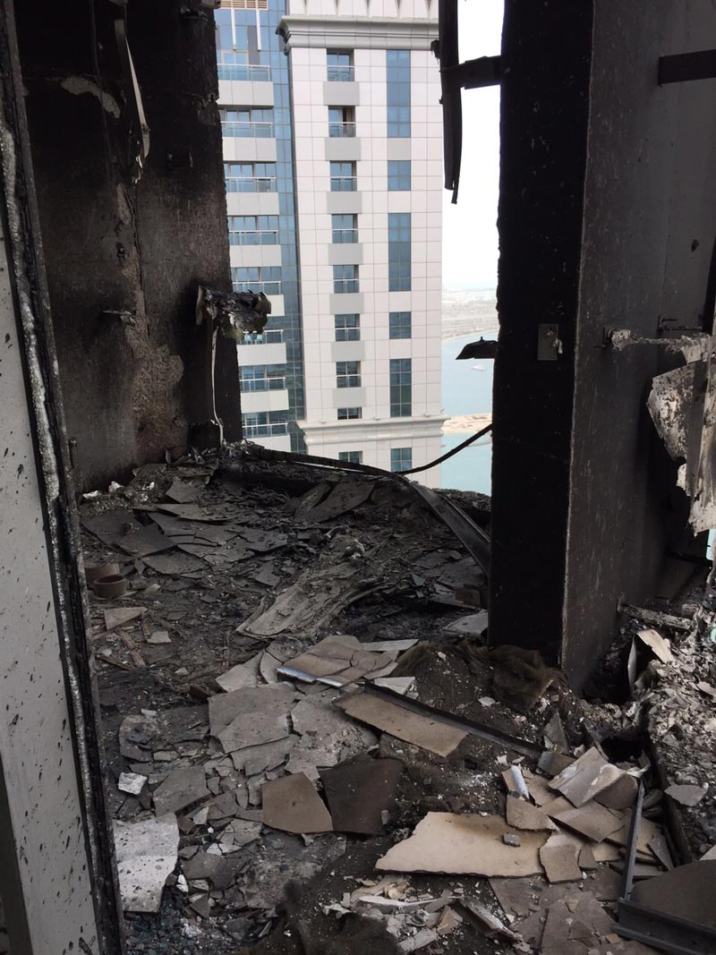 Scene in one of the burnt apartments in Torch Tower in Dubai Marina.