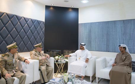 Gen. Sheikh Mohamed bin Zayed meets with General Ahmed Salah Gaid, Deputy Minister of National Defence and Chief of Staff of the People's National Army (ANP) of Algeria (second from left) during the 2015 International Defence Exhibition and Conference (Idex) at the Abu Dhabi National Exhibtion Centre (Adnec) on Monday. (Wam)