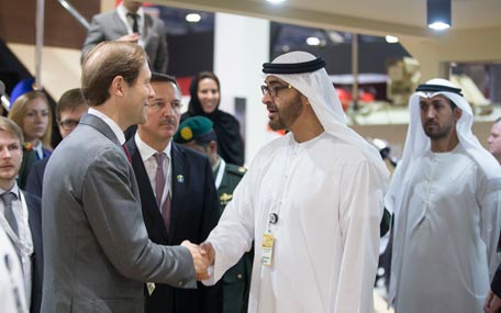 Gen. Sheikh Mohamed bin Zayed greets a member from the Russian delegation during a tour of the 2015 International Defence Exhibition and Conference (Idex) at the Abu Dhabi National Exhibtion Centre (Adnec) on Monday. (Wam)