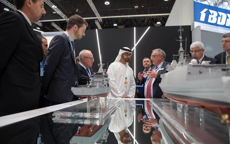 Gen. Sheikh Mohamed bin Zayed Al Nahyan visits the DCNS Group stand in the French pavilion during the 2015 International Defence Exhibition and Conference (Idex) at Abu Dhabi National Exhibition Centre (Adnec) on Monday.(Wam)