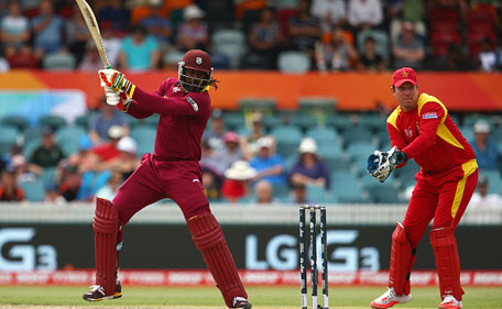 Chris Gayle of West Indies bats during the 2015 ICC Cricket World Cup match between the West Indies and Zimbabwe at Manuka Oval on February 24, 2015 in Canberra, Australia. (Getty Images)