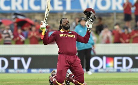 West Indies Chris Gayle celebrates his double century during the 2015 Cricket World Cup Pool B match between the West Indies and Zimbabwe at The Manuka Oval in Canberra on February 24, 2015. (AFP)