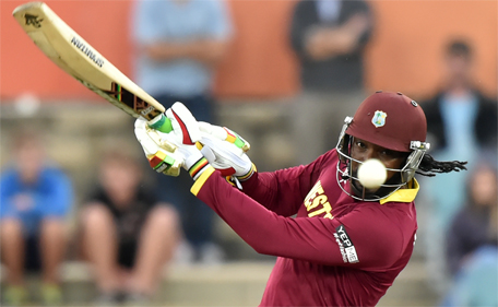 West Indies Chris Gayle plays a shot during the 2015 Cricket World Cup Pool B match between the West Indies and Zimbabwe at The Manuka Oval in Canberra on February 24, 2015. (AFP)