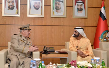 Sheikh Mohammed bin Rashid Al Maktoum on Tuesday received Deputy Minister for National Defence and Chief of Staff of People's National Army of Algeria Lieutenant General Ahmed Gaid Salah at the Abu Dhabi National Exhibitions Centre on the sidelines of Idex 2015. (Wam)