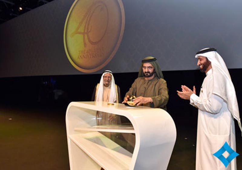 Sheikh Mohammed bin Rashid Al Maktoum, Haj Saeed Lootah and Mohammed Ibrahim Al Shaibani during the Dubai Islamic Bank's 40th anniversary celebrations at the Dubai World Trade Centre on Thursday. (Picture courtesy DGMO)