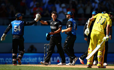 Trent Boult of New Zealand is congratulated after completing his 10 overs with figures of 5/27 during the 2015 ICC Cricket World Cup match between Australia and New Zealand at Eden Park on February 28, 2015 in Auckland, New Zealand. (Getty)
