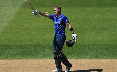 Joe Root of England celebrates after reaching his century during the 2015 ICC Cricket World Cup match between England and Sri Lanka at Wellington Regional Stadium on March 1, 2015 in Wellington, New Zealand. (Getty Images)