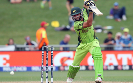 Pakistan's Shahid Afridi plays a shot during the Pool B Cricket World Cup match between the UAE and Pakistan at McLean Park in Napier on March 4, 2015.  (AFP)