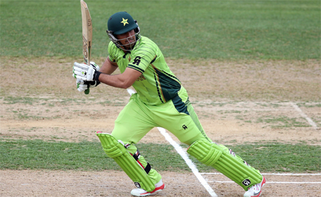Pakistan's Nasir Jamshed plays a shot during the Pool B Cricket World Cup match between UAE and Pakistan at McLean Park in Napier on March 4, 2015. (AFP)