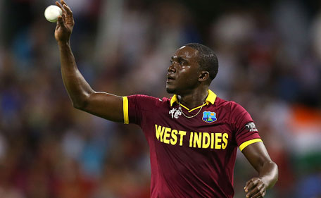 Jerome Taylor of the West Indies receives the ball during the 2015 ICC Cricket World Cup match between India and the West Indies at WACA on March 6, 2015 in Perth, Australia. (Getty Images)