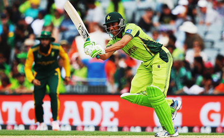 Younis Khan of Pakistan drives the ball away during the 2015 ICC Cricket World Cup match between South Africa and Pakistan at Eden Park on March 7, 2015 in Auckland, New Zealand. (Getty Images)